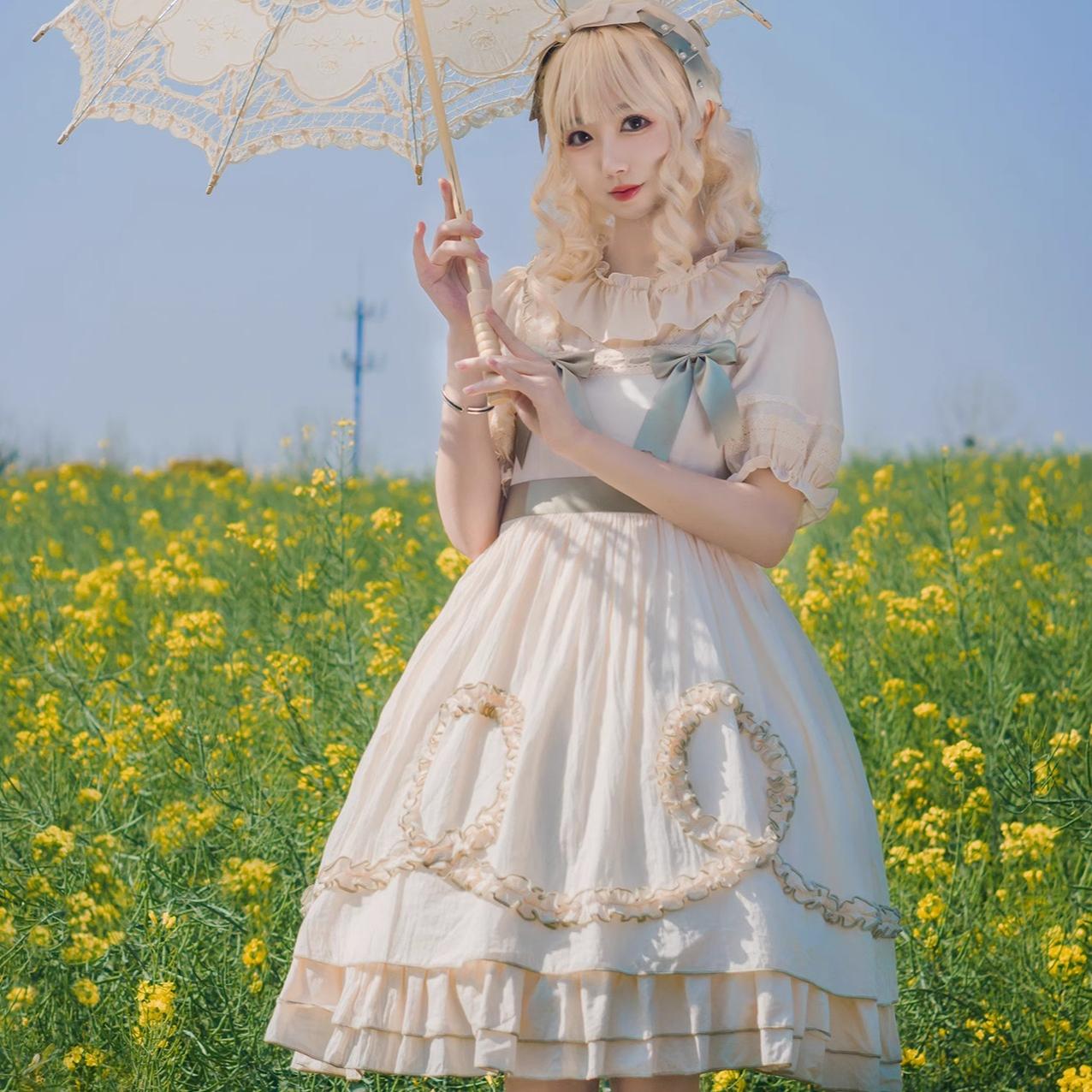 (BFM)Magic Tea Party~Lena's Garland~Daily Lolita Shirt Short Sleeve Beige Chiffon Blouse   
