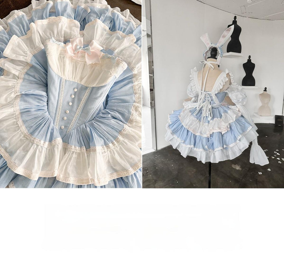 POSHEPOSE~Maid Bunny~Gorgeous Sweet Lolita OP Dress with Detachable Sleeves and Apron