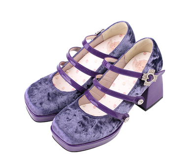 Pure Tea For Dream~Vintage Lolita Velvet Bow High-heel Shoes 35 velvet grape purple (without bow) 