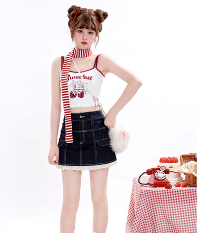 Tan Tuan~Sweet Lolita Lace Hemline Denim Skirt   