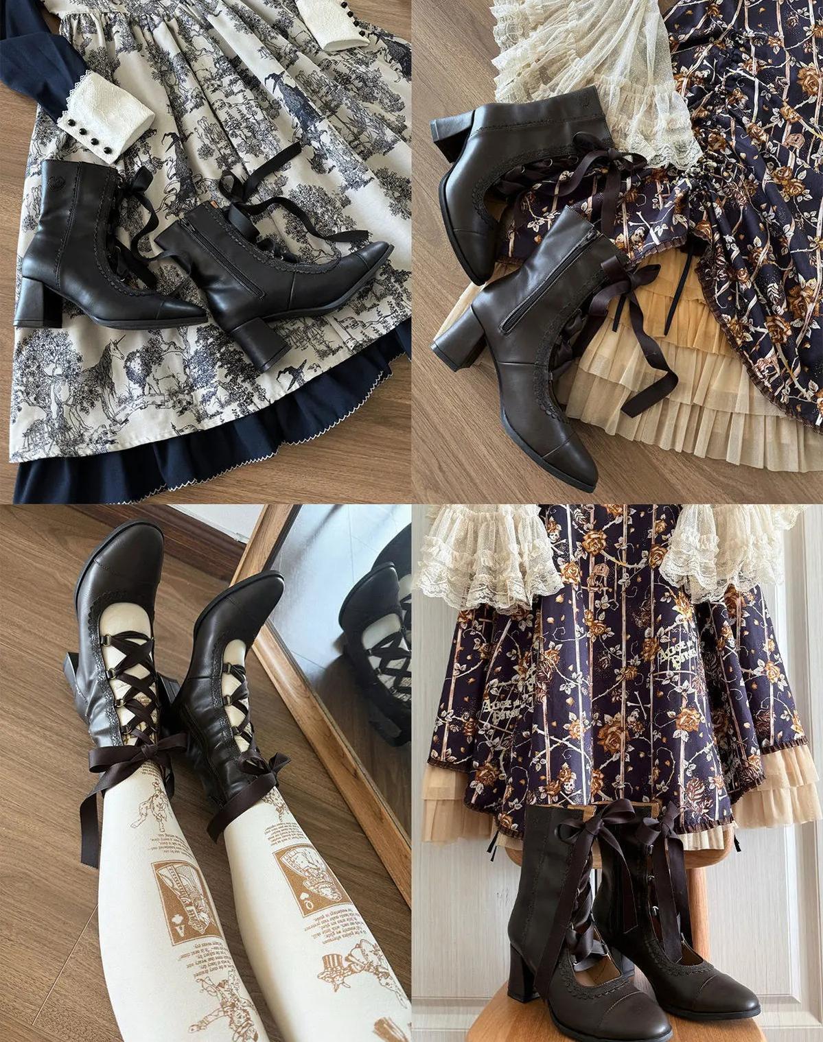 Angel Floral Wall - Classic Lolita Straps Ankle Boots, Side Zipper 45766:861689