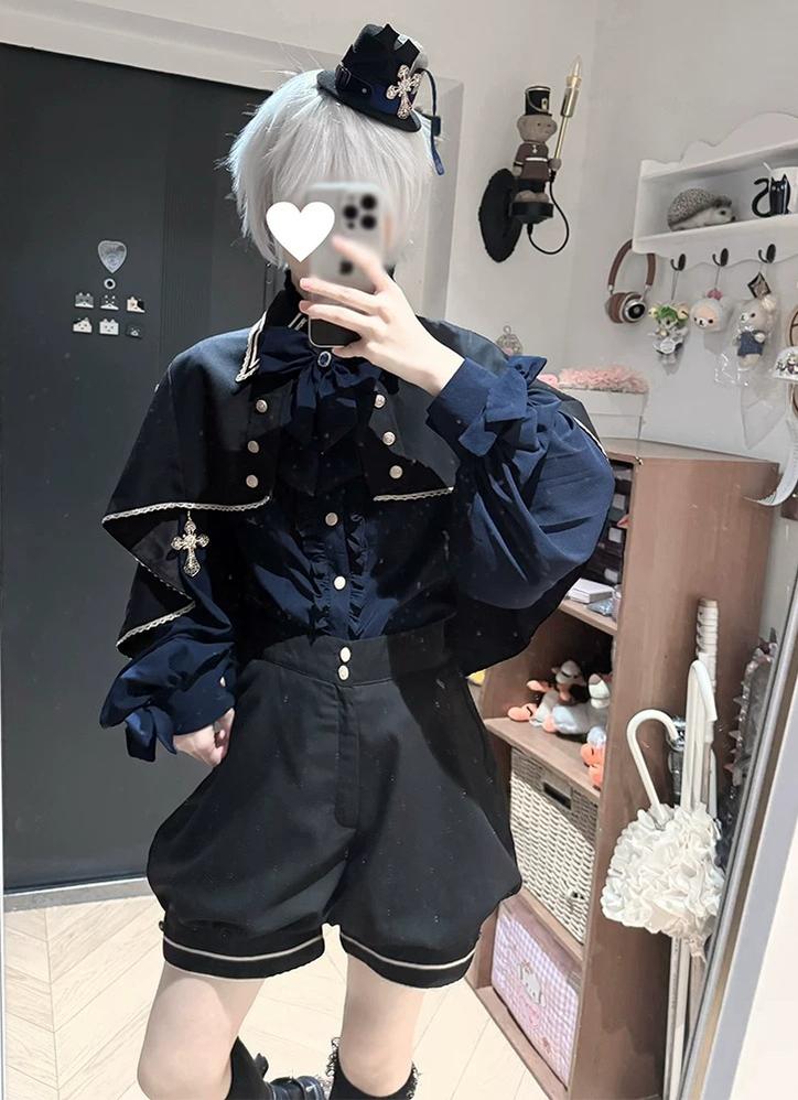 Fallen Holy Star - Ouji Lolita Ruffled Chiffon Blouse & Cape Set, Elastic Shorts (L M S XL) 45816:863710