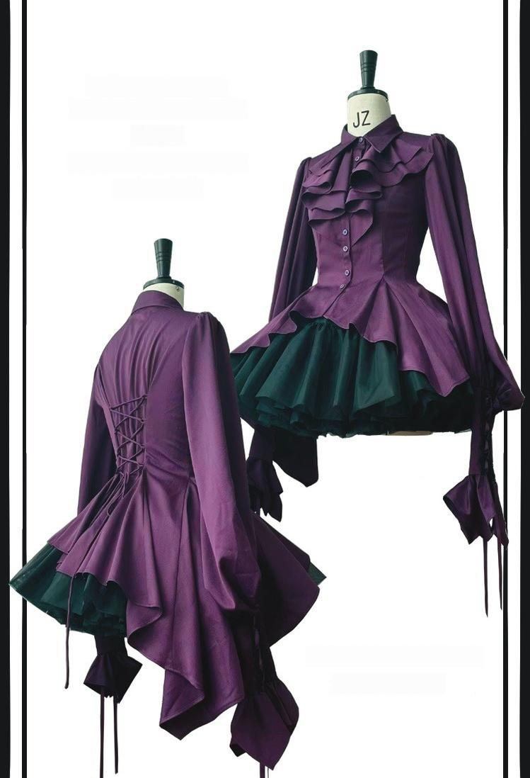 Danger Girl~The Persevering~Ouji Lolita Shirt Gothic Blouse with Mutton Sleeves Purple XS