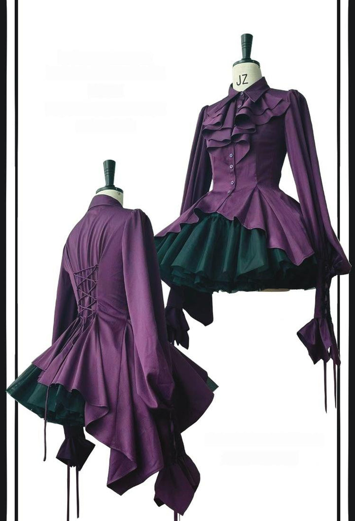 Danger Girl~The Persevering~Ouji Lolita Shirt Gothic Blouse with Mutton Sleeves Purple XS