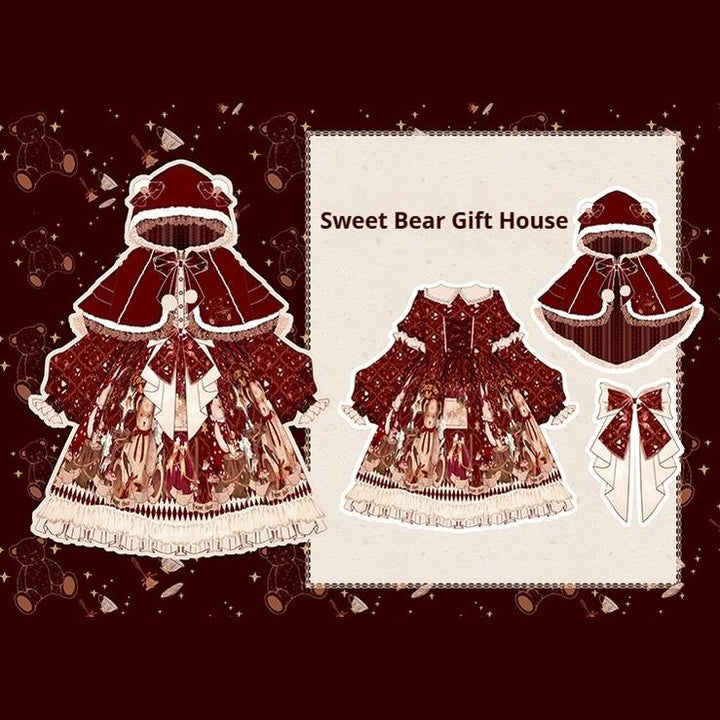 Matutu~Sweet Bear Gift House~Sweet Lolita Suit Christmas Lolita OP and Cape   