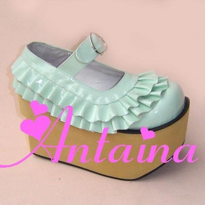 Antaina~Sweet Lolita Platform Shoes Lotus Leaf Edge Multicolor 35 Mint Mirror [9cm at the back 7cm at the front] 