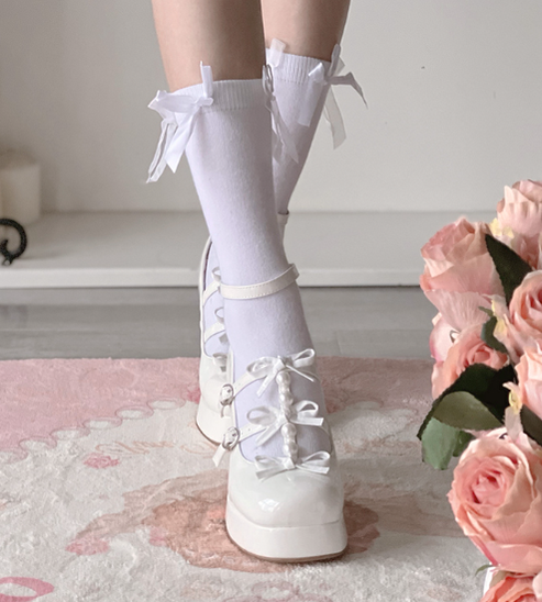 Pure Tea For Dream~Sweet Lolita Platform Pearl Bow Shoes 34 pure white 