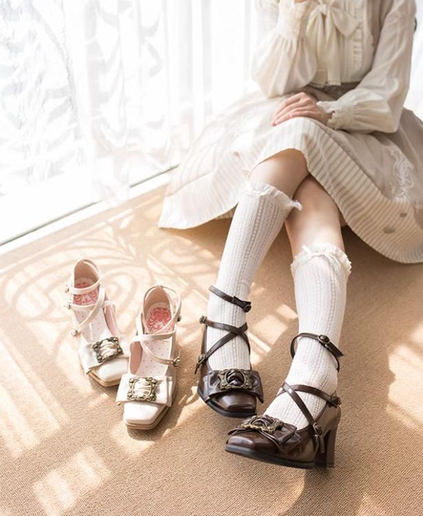 MODO~Frame Cocoa~Elegant Mid-Heel Lolita Shoes With Square Toe 42944:767191