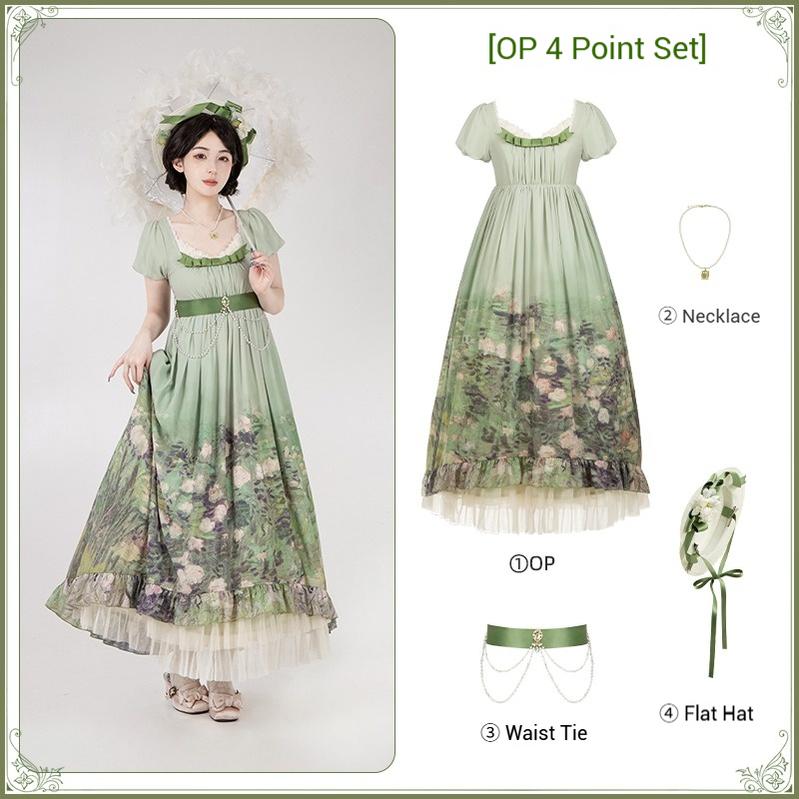 With PUJI~Blooming Rose~Chiffon Classic Lolita Dress Set Painting Styled OP & JSK (L M S) 42925:758722