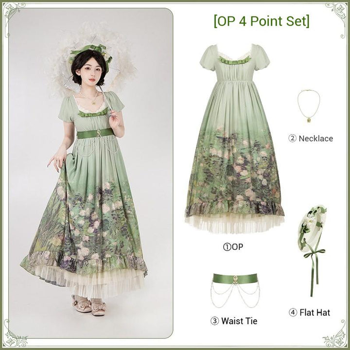 With PUJI~Blooming Rose~Chiffon Classic Lolita Dress Set Painting Styled OP & JSK (L M S) 42925:758722