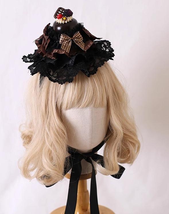 Xiaogui~Kawaii Lolita Hairpin Lace Cake Small Top Hat Black-coffee with black lace  