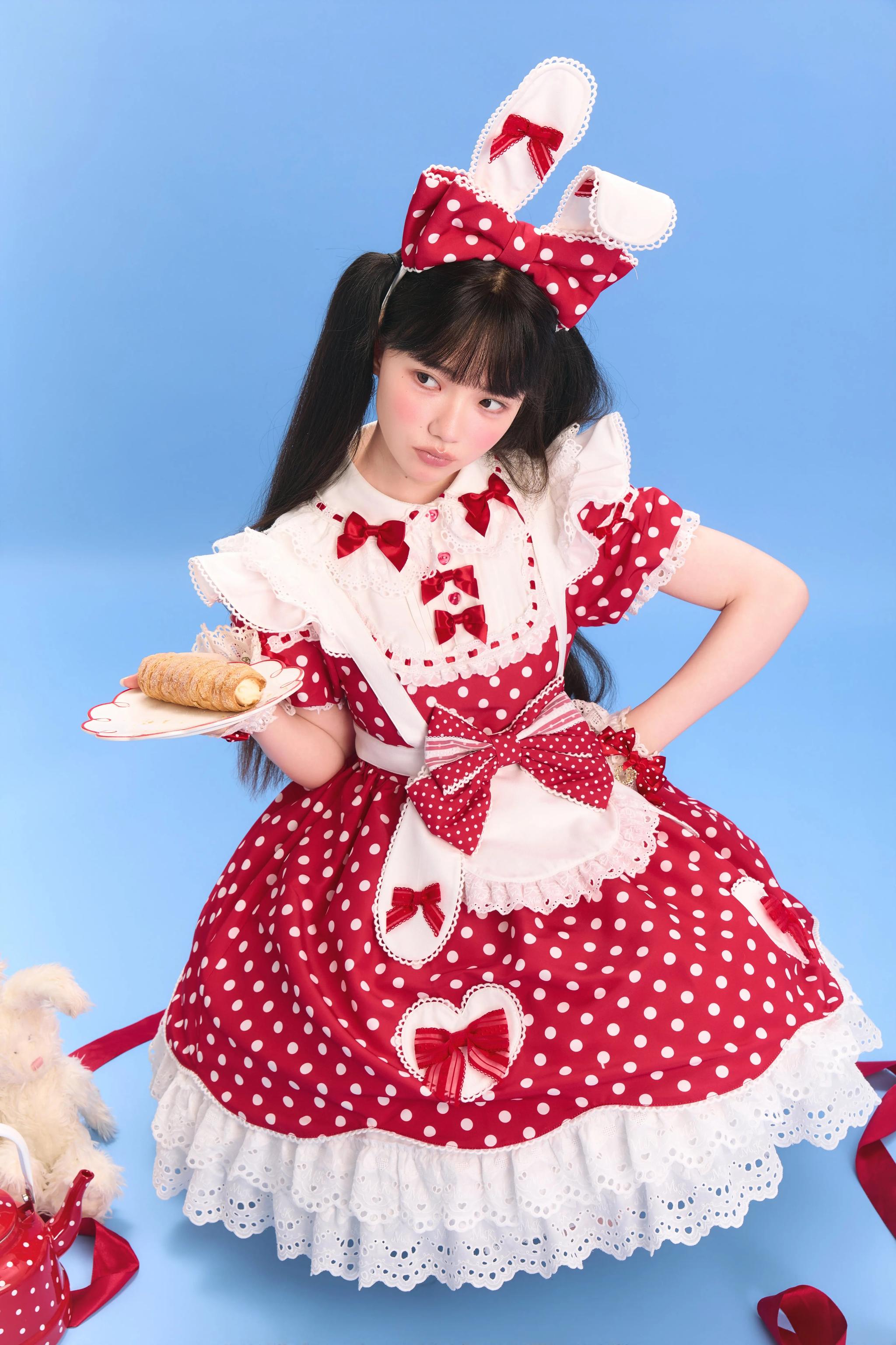 Bunny Kissaten - Four Colors Old School Lolita Polka Dot OP, Bunny Ear Apron 45824:864353