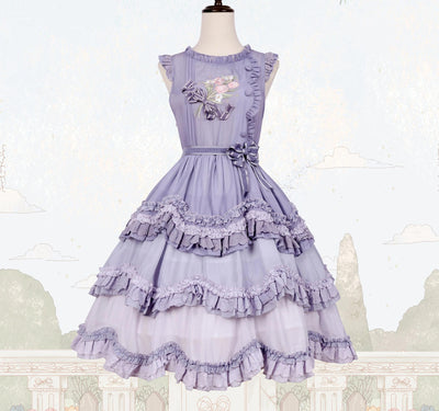 LittlePlum~Iukami Flower~Gradient Kawaii Lolita OP Dress Summer JSK S JSK Long Version · Purple Gray 