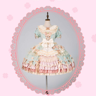 Puppets and Doll~Bear Boy~Sweet Lolita OP Dress Green Pink Lolita Dress for Summer S Green-pink OP + KC 