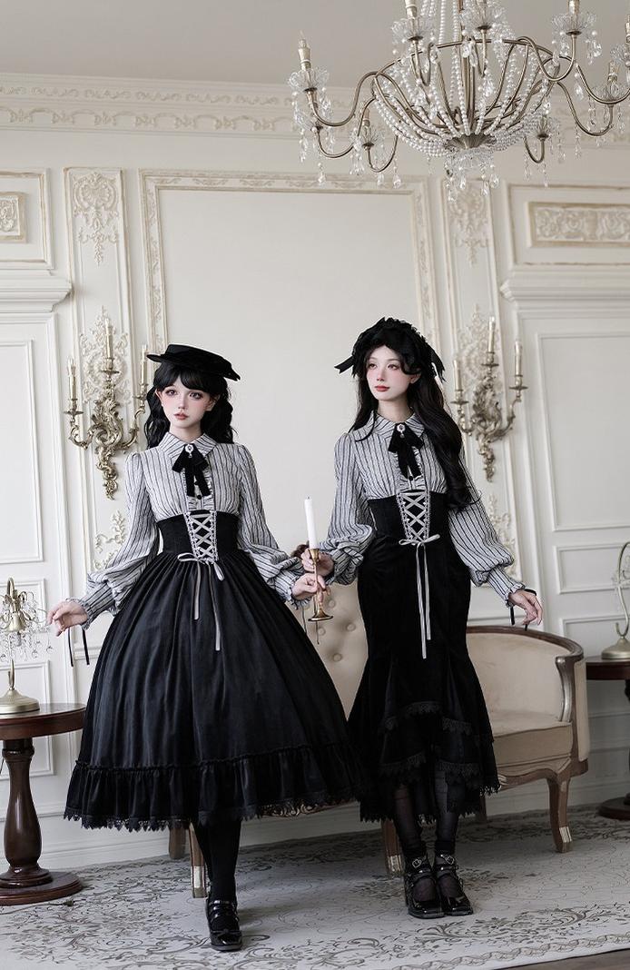 Dusk Moment - Classic Lolita Striped OP & Mermaid Dress Set, Fishbone Waist 44498:810701