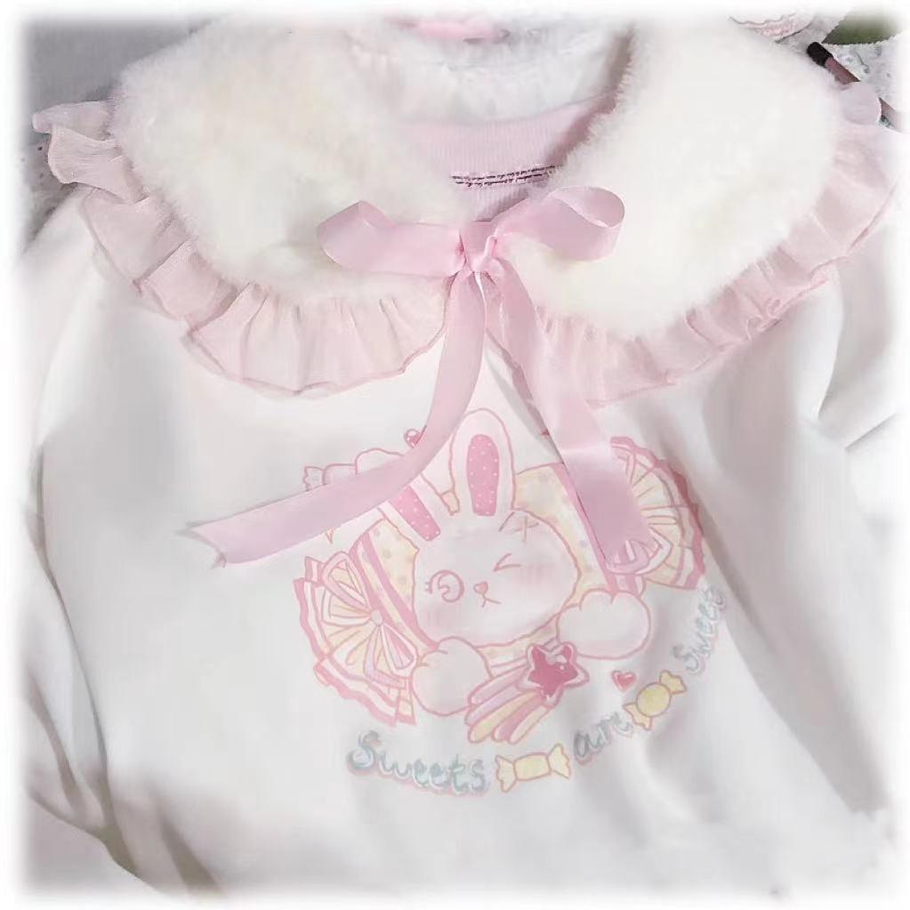 Candy Sweet - Winter Lolita False Collar Plush Bow Collar Scarf Pale Pink Lotus Leaf Edge