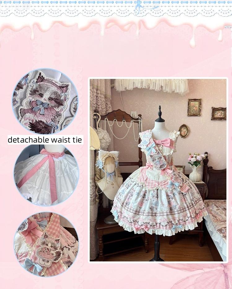 Shattered Lace Dream - Shattered Cat - Cat Printed Kawaii Lolita JSK Dress, Embroidered Sash