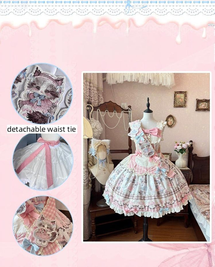 Shattered Lace Dream - Shattered Cat - Cat Printed Kawaii Lolita JSK Dress, Embroidered Sash