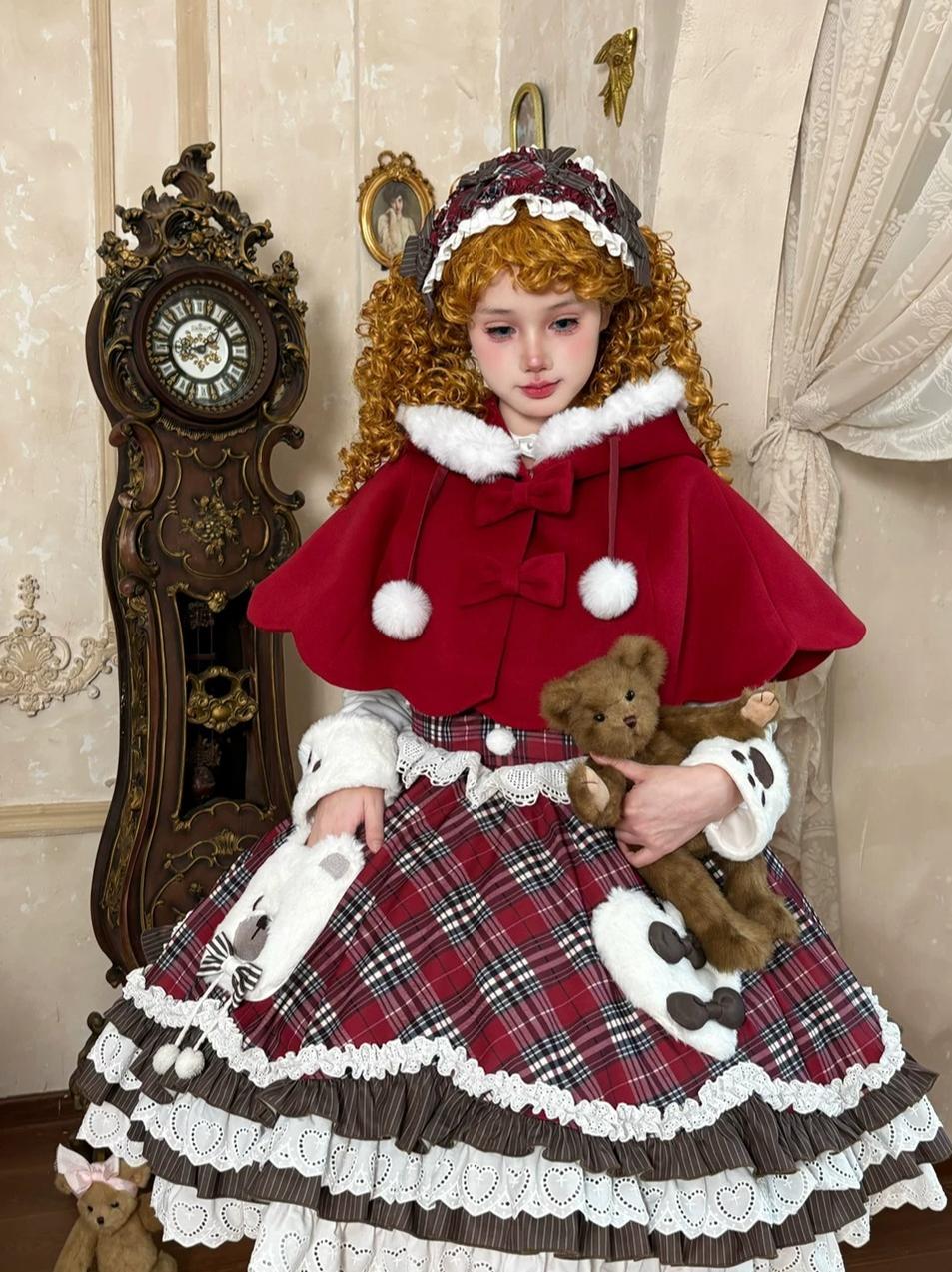 Winter Sweet Lolita Cape & JSK Dress Set, Teddy Bear Patch 45974:870033