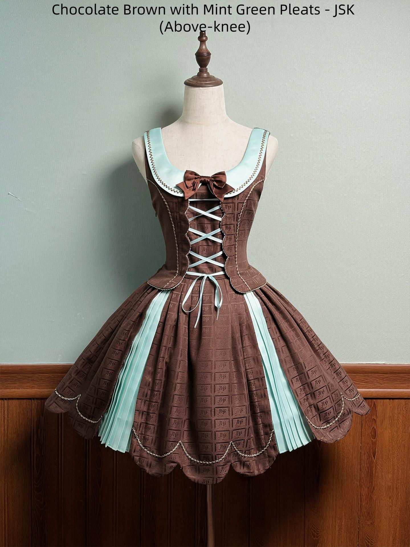 Alice Girl - Bear Chocolate Slab - Classic Lolita Pleated JSK & SK Dress, Side Zipper Chocolate Brown with Mint Green Pleats - JSK (Above-knee) XS