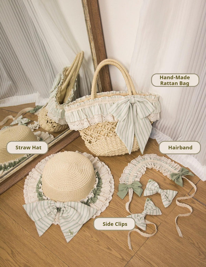 KOMOMO~Little Wild~Country Lolita OP Dress with Rattan Handbag and Hat Hairband only (free size / choose M) S