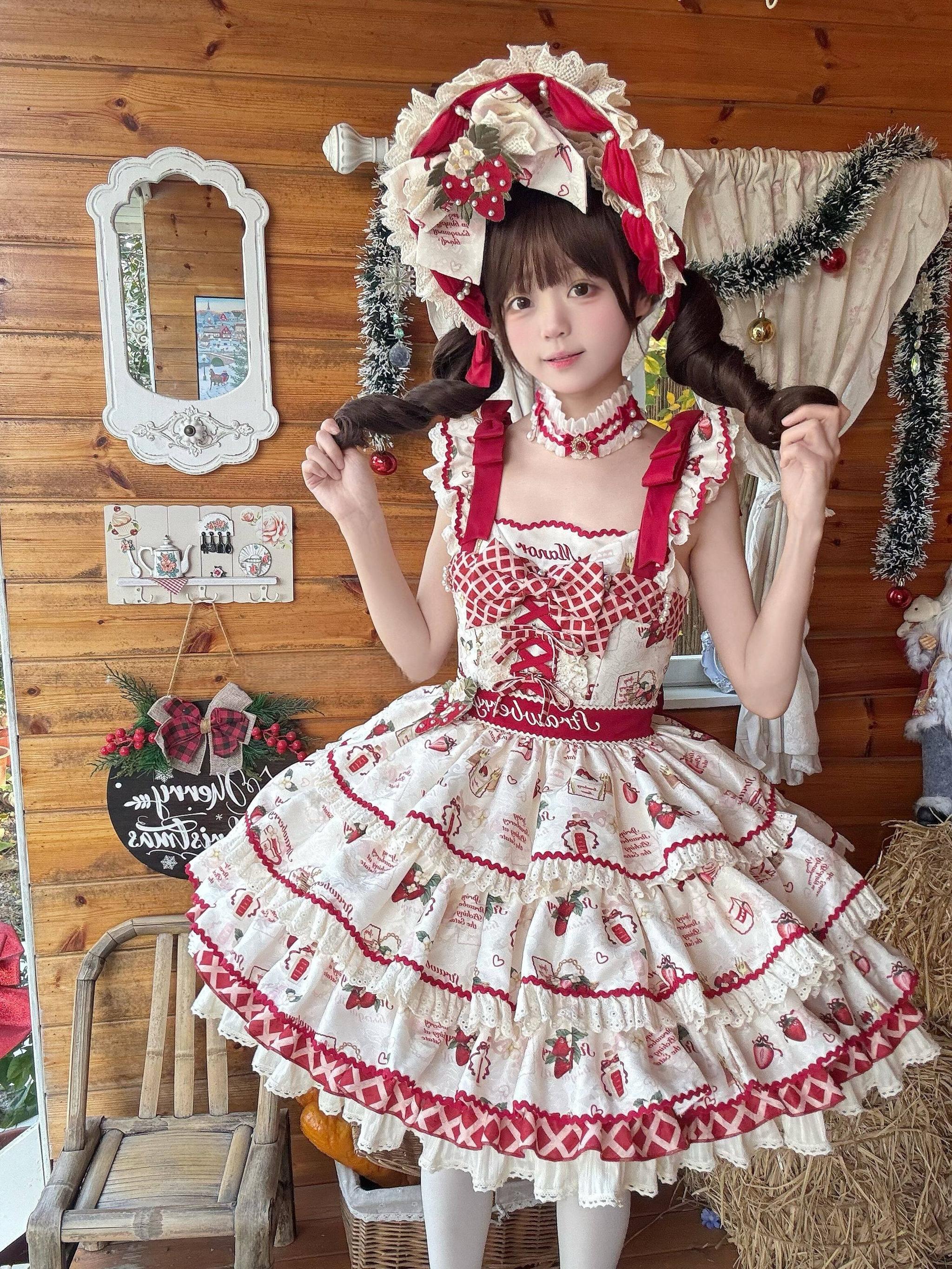 Strawberry Garden - Sweet Lolita JSK & OP Dress, Strawberry Print 44455:810091