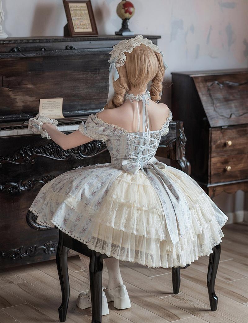 Garden Encounter of Three Springs - Cotton Old School Lolita Floral Print OP, Lace Back Opening 45674:858626