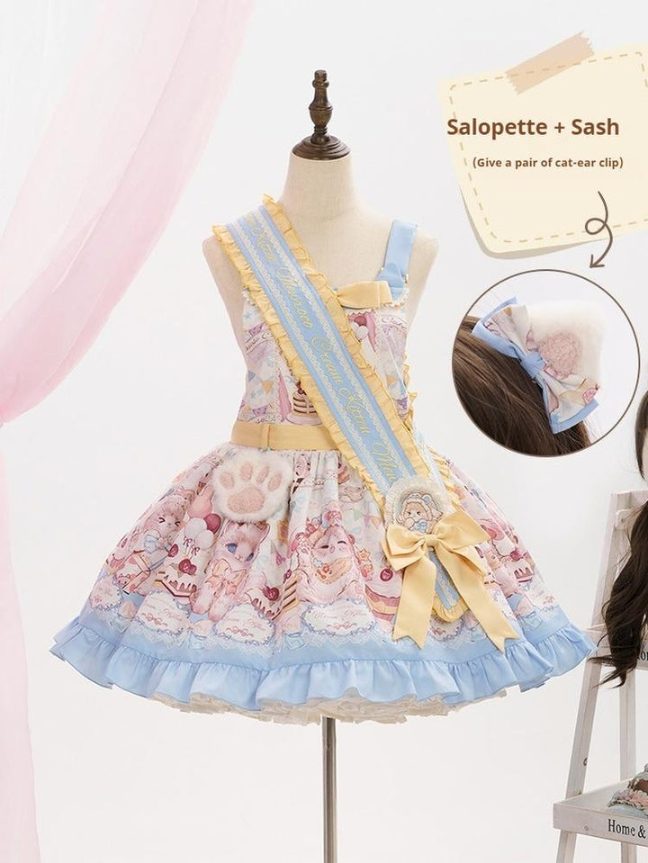 Mewroco~Sweet Lolita Salopette Daily Cute Lolita Dress S Cat Salopette + Sash Comes + a Pair of Cat-Ear Clips 