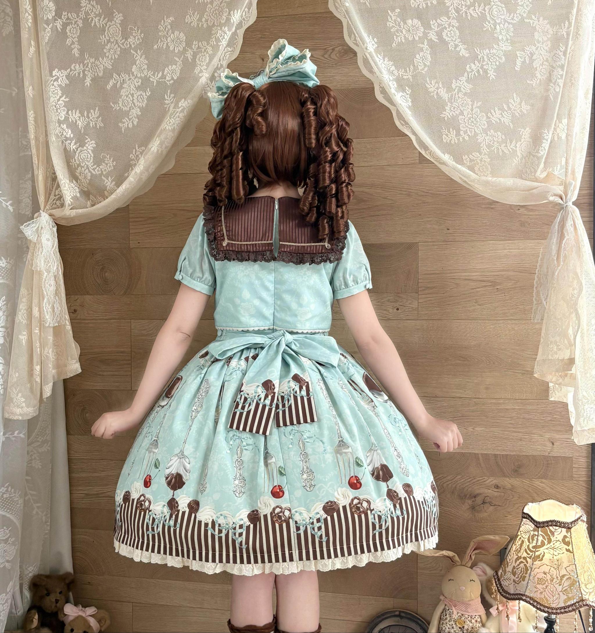 Dessert - Kawaii Lolita Sailor Collar OP Dress, Chocolate & Fork Print 44905:827117