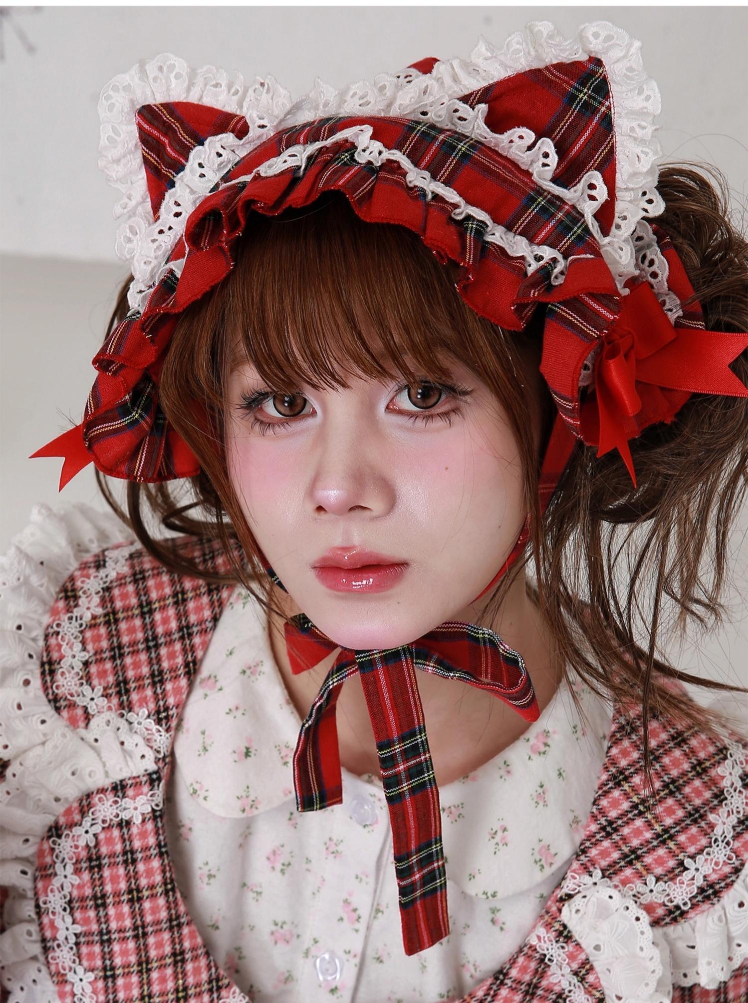 Soso Meme Club - Christmas Sweet Lolita Hairband, Red Plaid Cat Ear 44110:795103