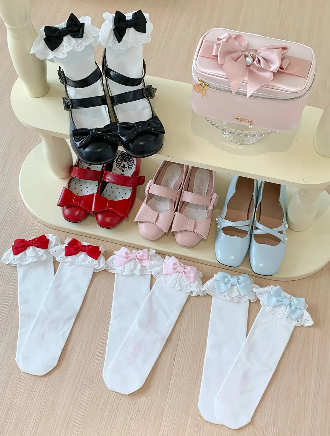 Cotton Classic Lolita Calf Socks, Double Layer Trim & Bow 45730:859939
