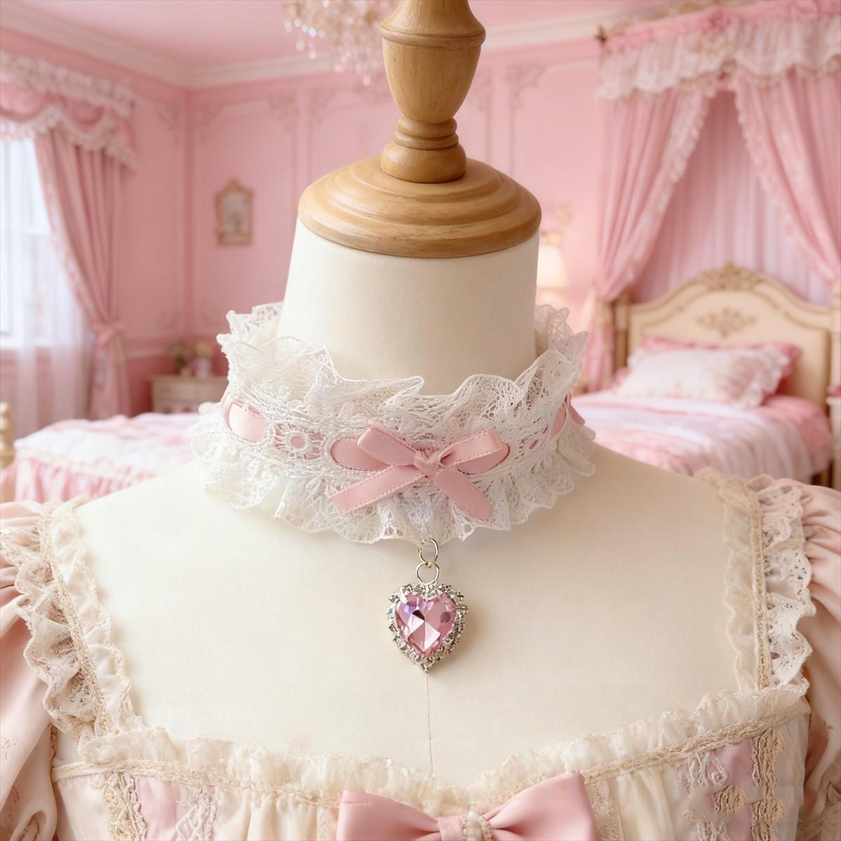 Sweet Lolita Choker, Heart Rhinestone & Bows (粉色) 45011:831675