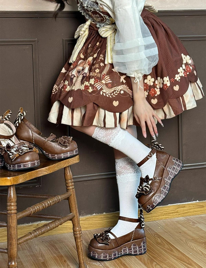 Sheep Puff~Layered Pastry~Sweet Lolita High Heel Shoes Chocolate Prints Shoes