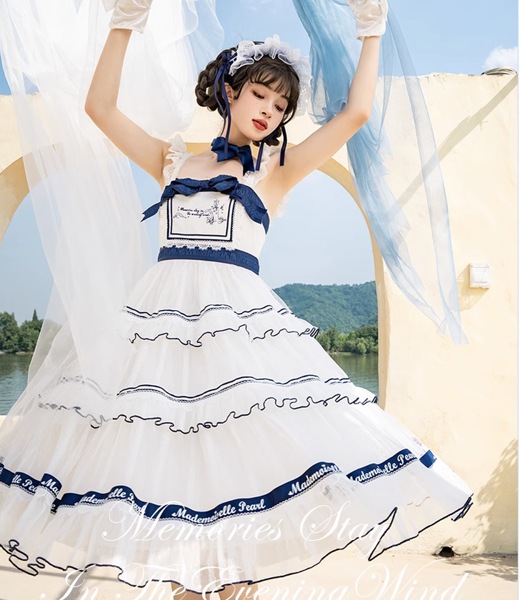 Mademoiselle Pearl~Elegant Lolita Navy Blue-white JSK and OP   