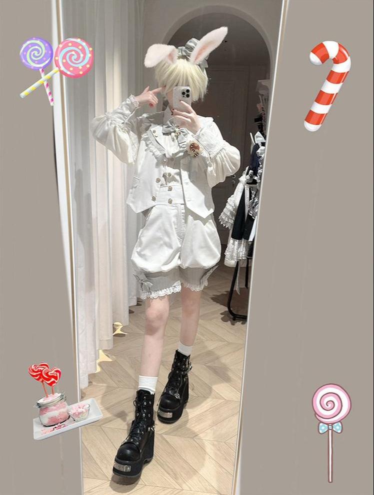 Candy Shop - Ouji Lolita Vest Set, Ruffle Hem Bow Shorts 45061:832836