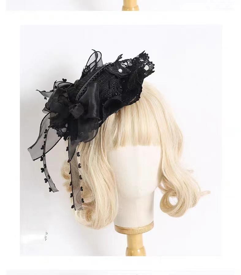 xiaogui~Vintage Lolita Tea Party Lace Top Hat hat(17cm diameter with retaining clip) black 