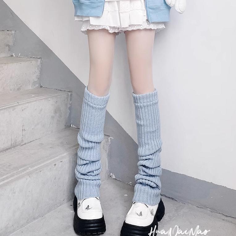 Hua Nai Cat - Winter Lolita Long Socks Knit Thigh-High Foot Covers One Size Milk blue - 70cm