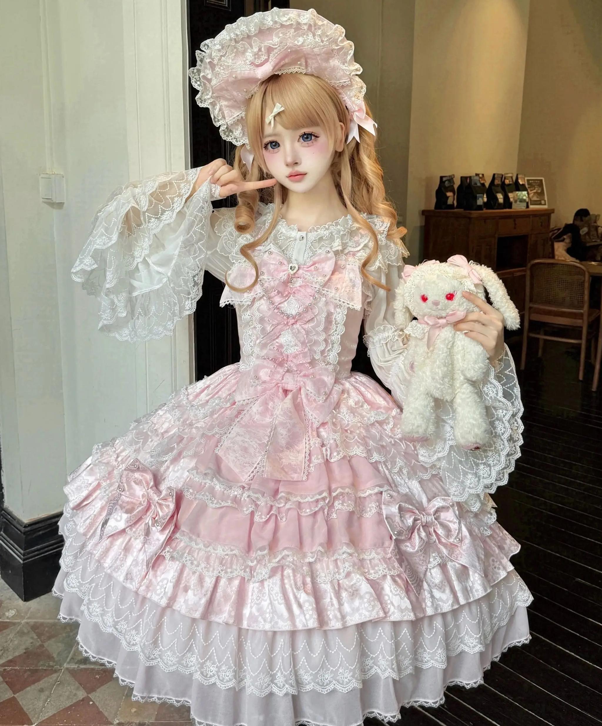 Slumbering Pearl Curtain - Sweet Lolita JSK Dress, Pearl Bows and Layered Lace (L M S) 45780:862496