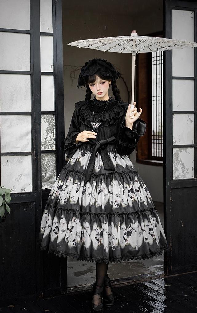 With PUJI - Dead Leaf Butterfly - Gothic Lolita JSK & OP Dress Set, Butterfly Print 44346:805426