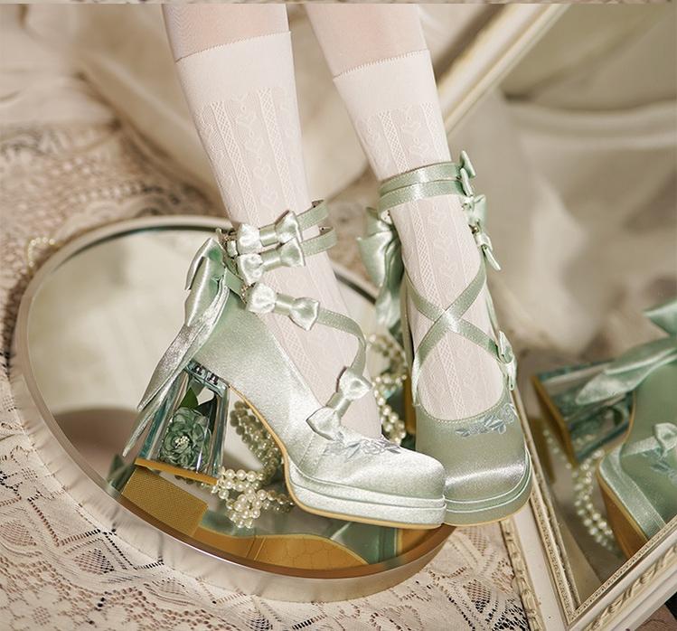 Panda Bear - Glass Floral House - Elegant Lolita Shoes,Transparent Heels with 3D Floral 44045:795317