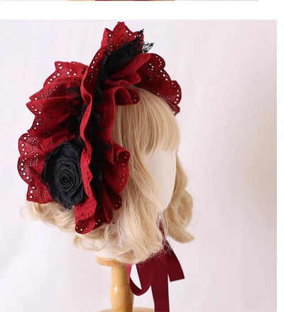 Xiaogui~Classic Lolita Bonnet Lace Elegant Lolita Hat Free size Dark red + black flowers 