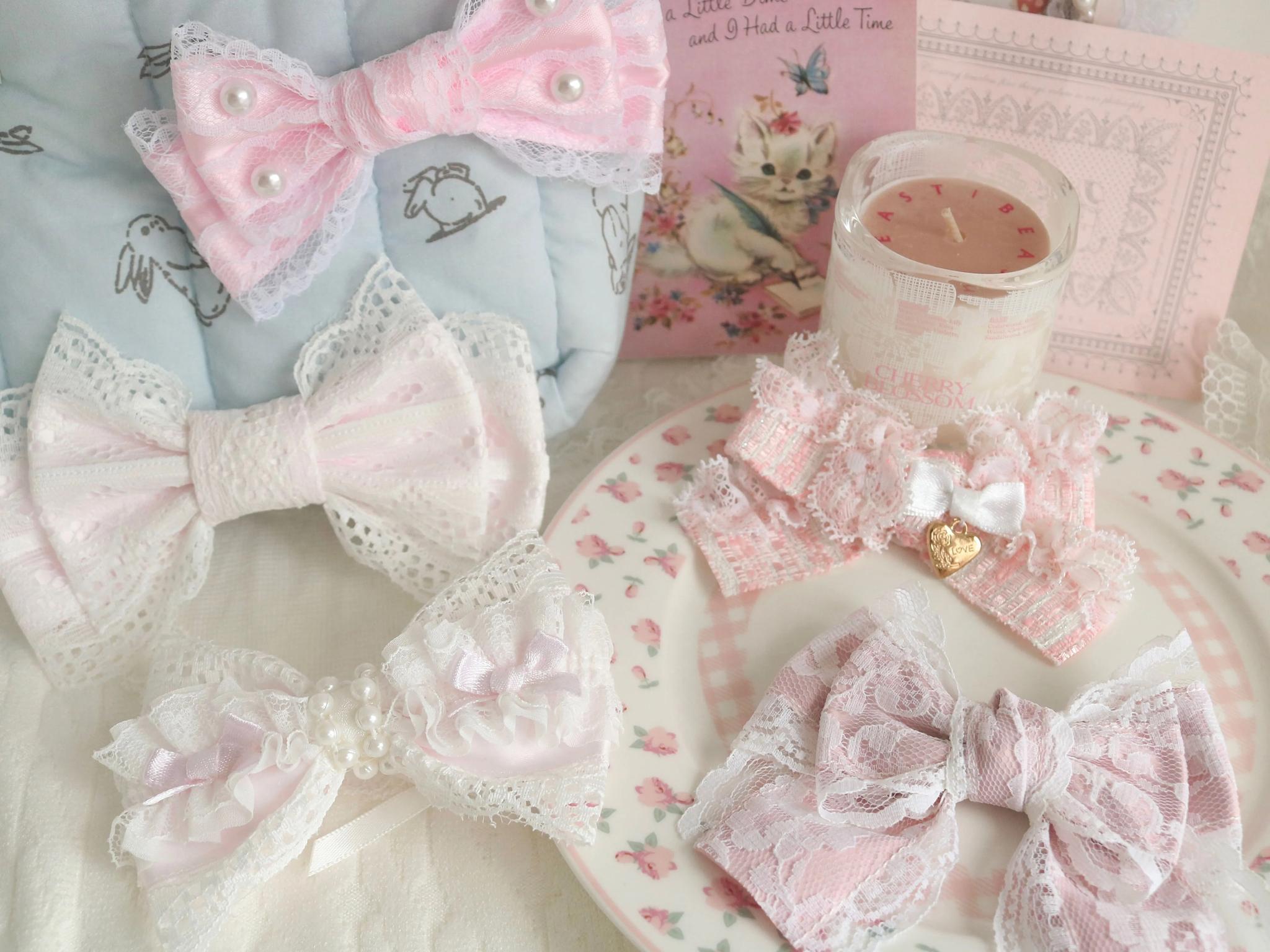 Creamy Bubbles - Sweet Lolita Hair Clip Pink Lace Bow Hair Clip and Brooch Handmade