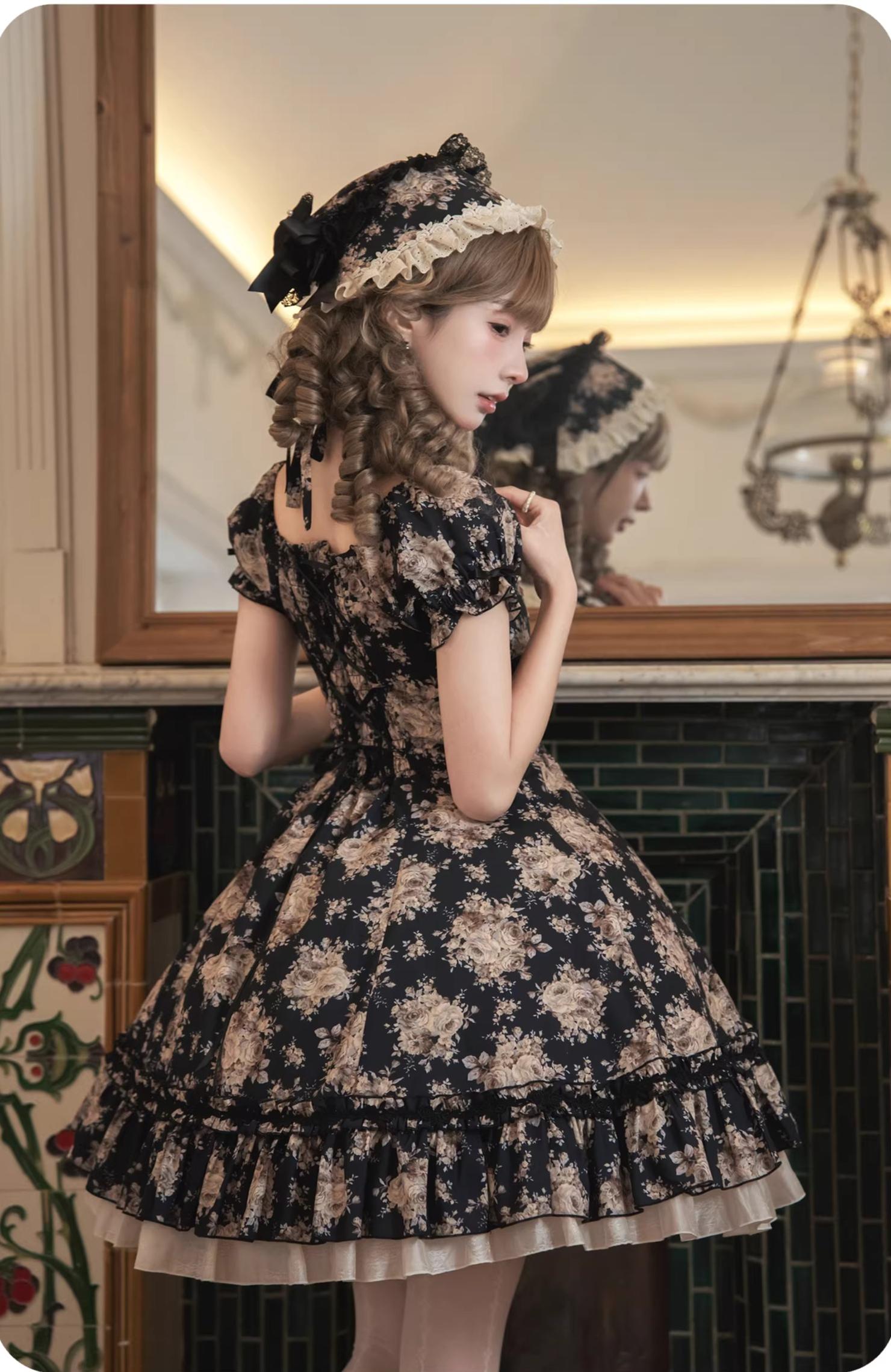 Black Rose - Printed Old School Lolita Dress, Front Opening 44636:817104