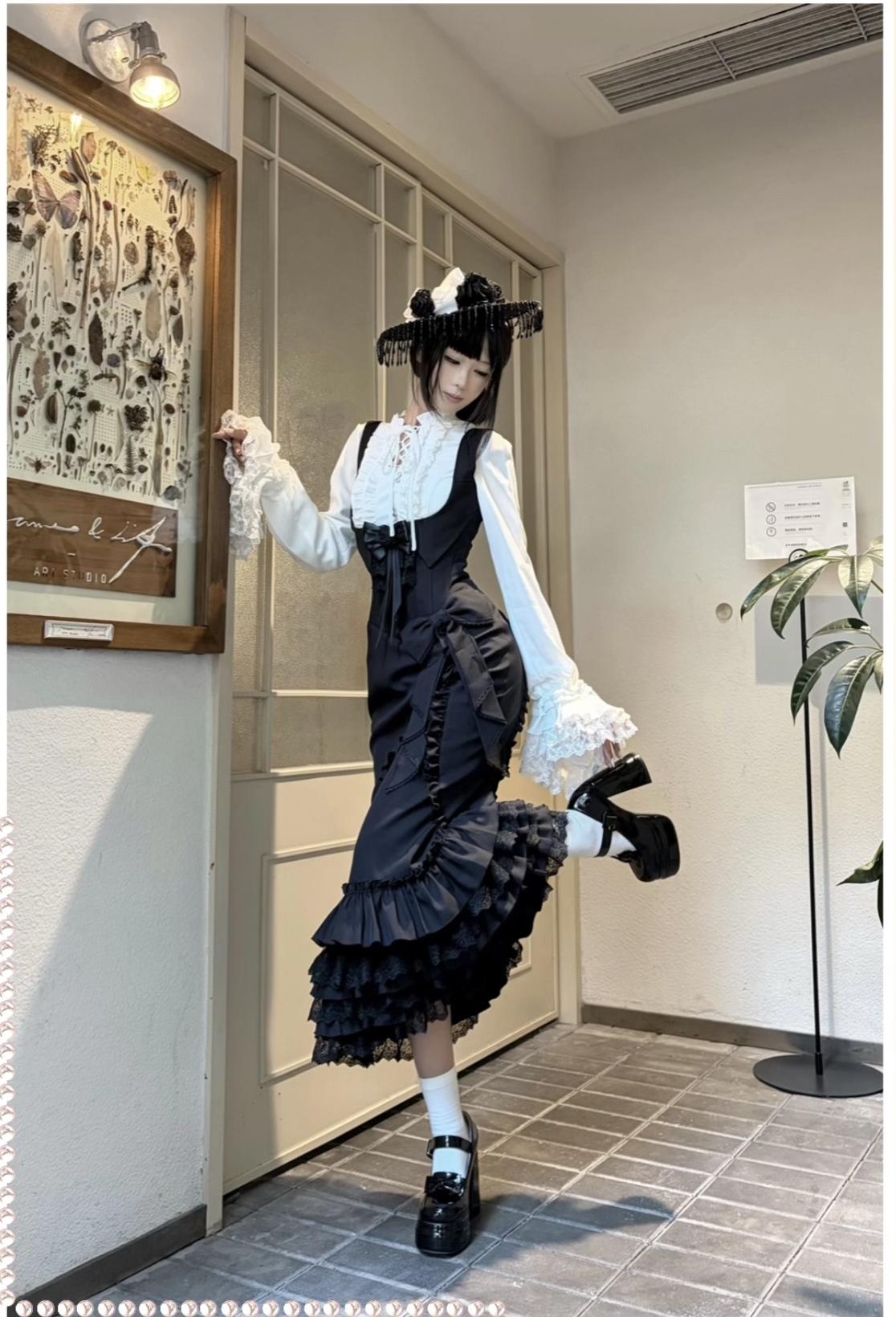 Miss Winnie - Gothic Lolita Blouse & Mermaid JSK Dress Set, Ruffle Lace Hem 46027:872887