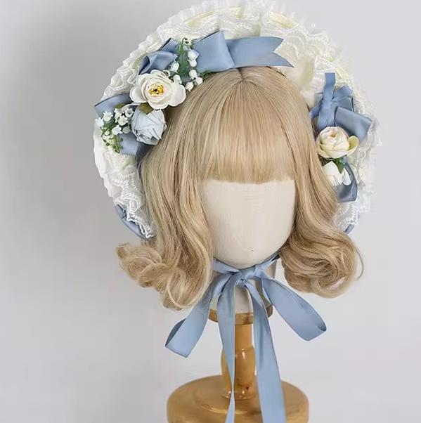 Xiaogui~Elegent Lolita Bonnet Bows Straw Hat Free size Cotton gray-blue 