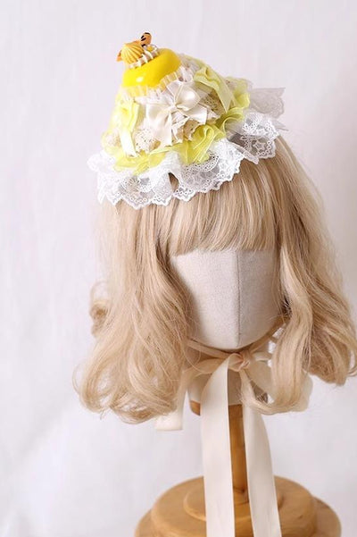 Xiaogui~Kawaii Lolita Hairpin Lace Cake Small Top Hat Light yellow with white lace  