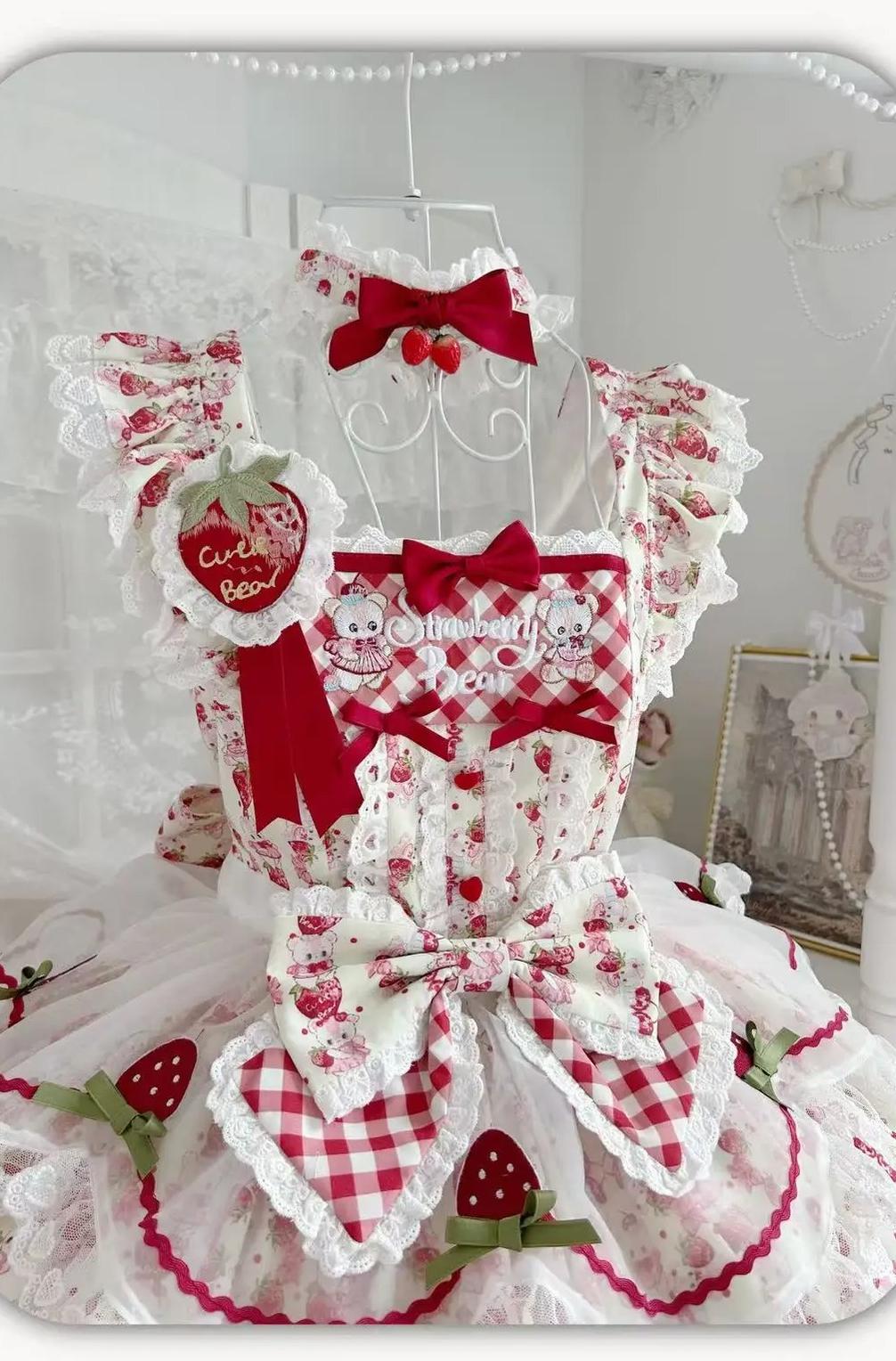 Berry Bear Whisper - Sweet Lolita JSK Set, Strawberry Bear Themed Print 45904:867453