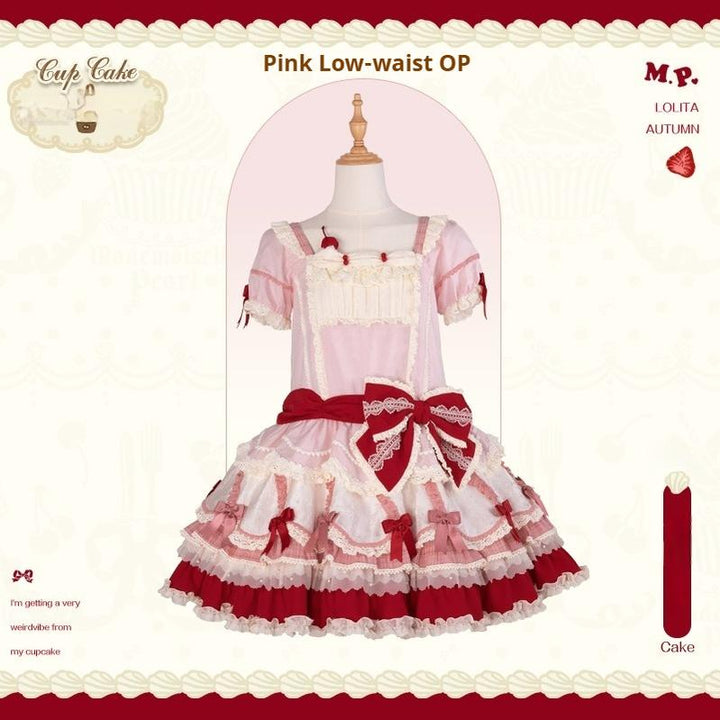 Mademoiselle Pearl~Cup Cake~Sweet Lolita OP Dress Kawaii Lolita JSK SK Low-waist OP - pink XS 