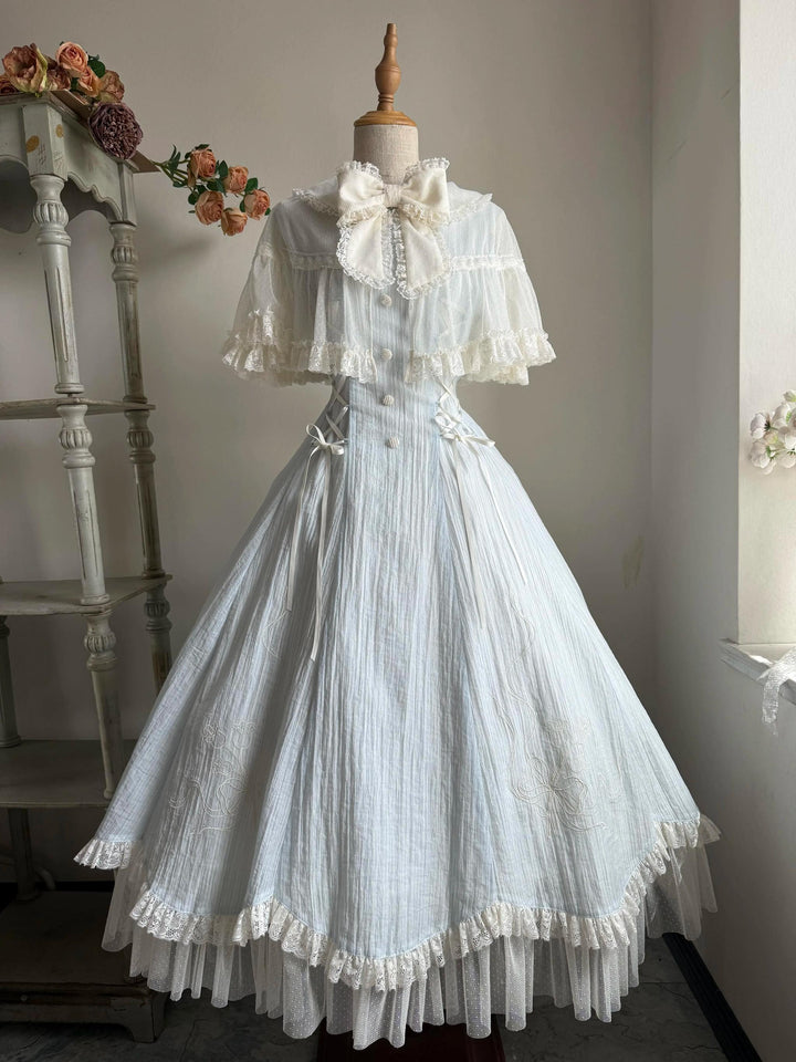 Kuma~Little Wind Chime~Elegant Lolita OP Water Blue Dress With Decorative Tulle Cape