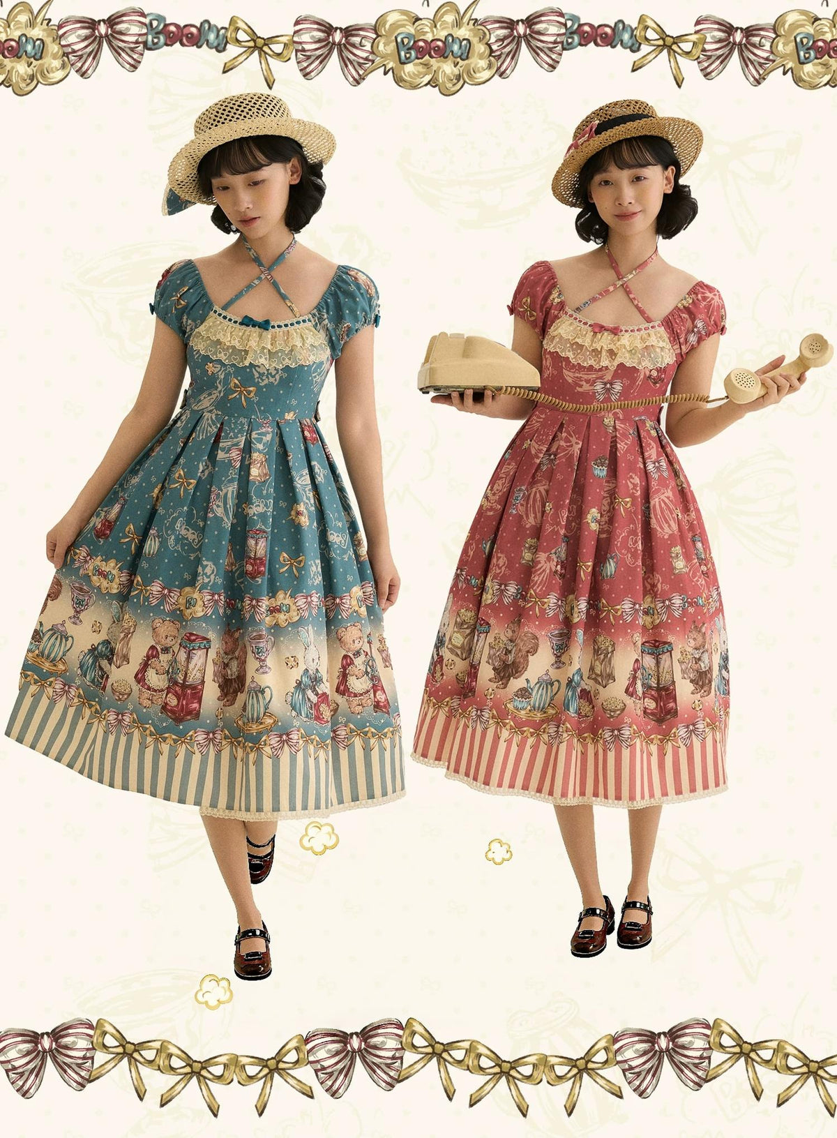 Popcorn Bear - Sweet Lolita OP Dress Set, Bear Tea Party Print 45994:871430